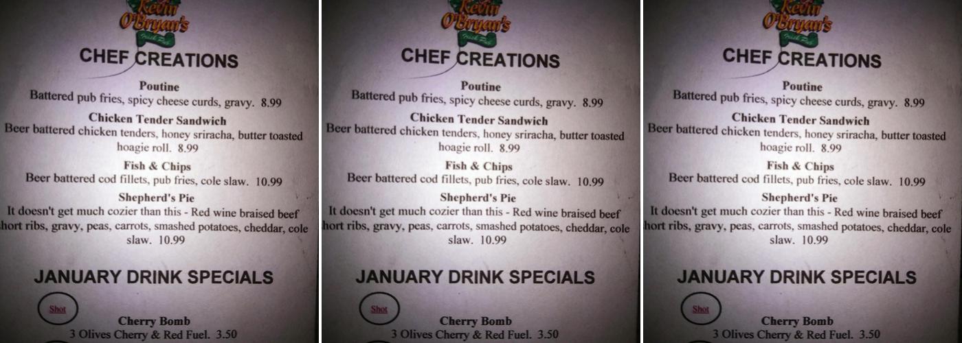 Kevin O'Bryan's Menu