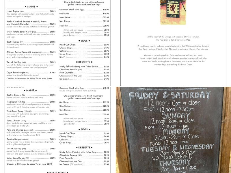 Red Lion Kenninghall Menu