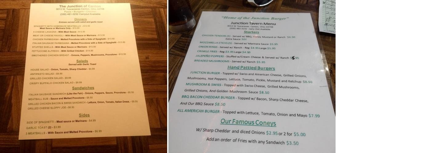 Junction Tavern Menu