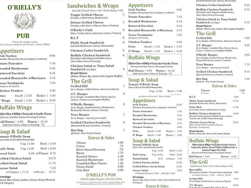 O’Rielly’s Pub & Grill Menu