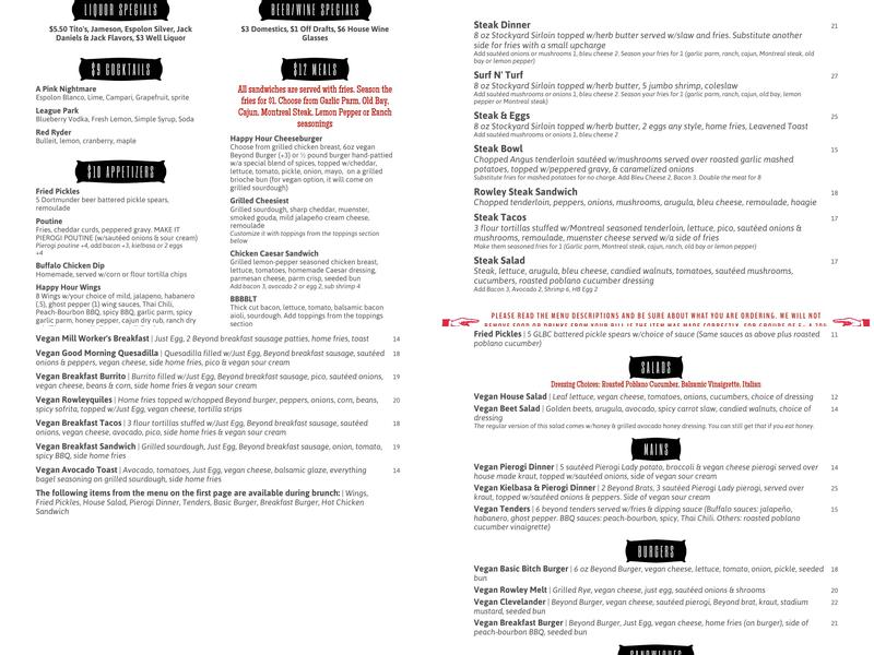 Rowley Inn Menu