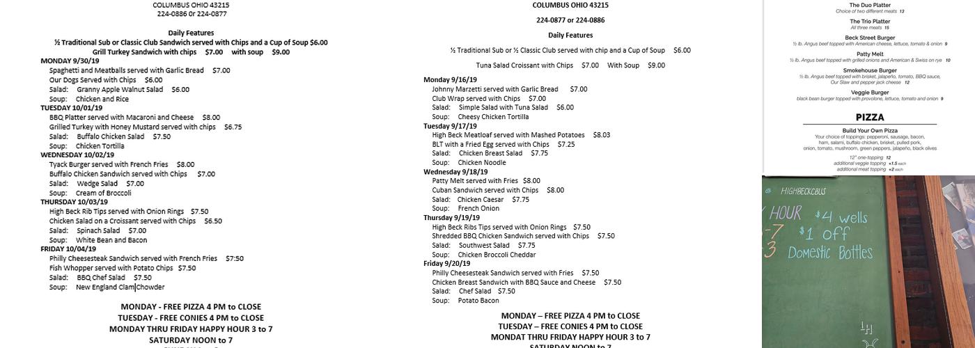 High Beck Tavern Menu