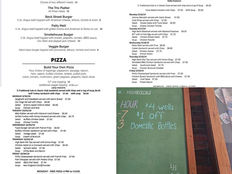 High Beck Tavern Menu