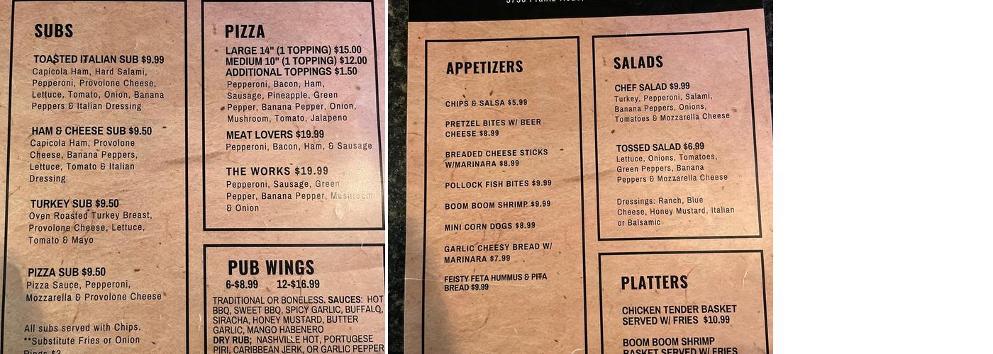 Dub Pub Menu
