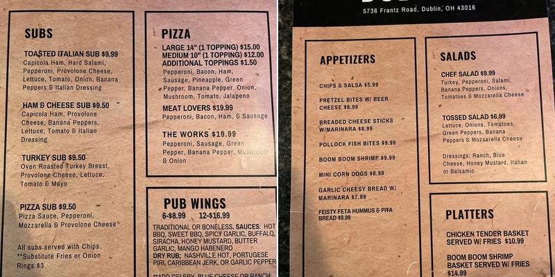 Dub Pub Menu