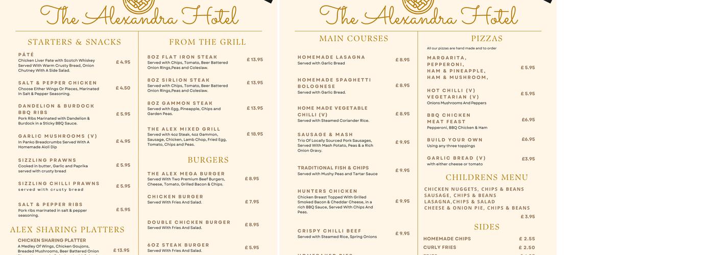 The Alexandra Hotel Darwen Menu