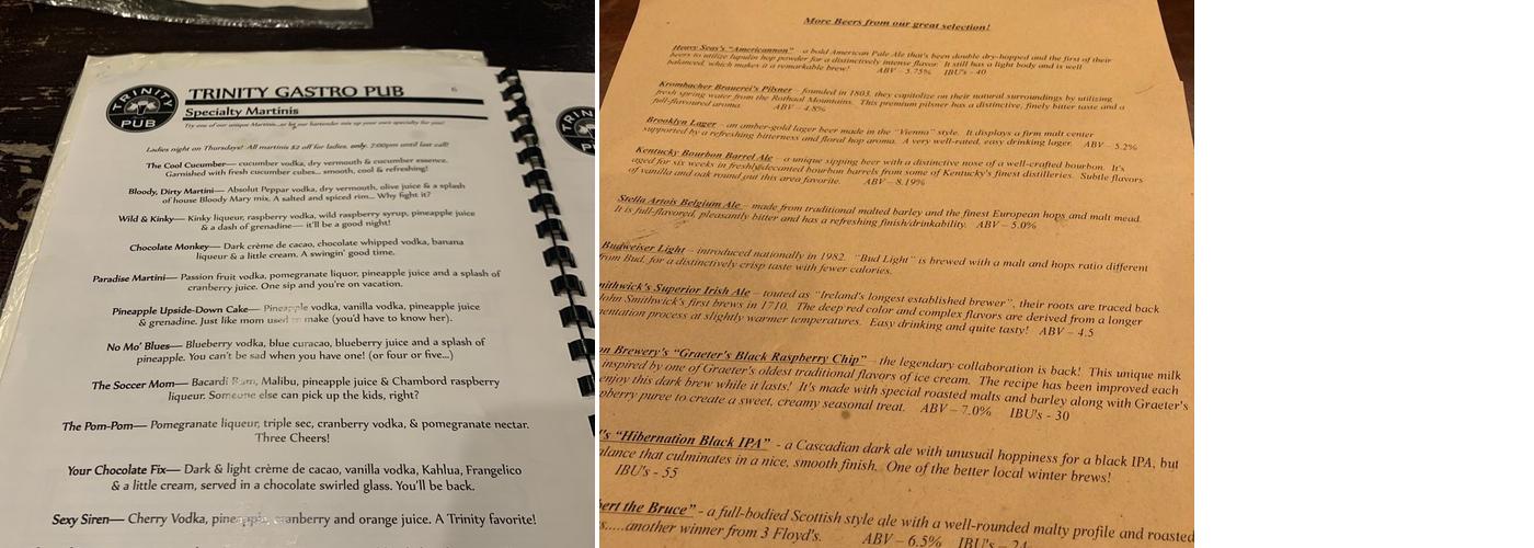 Trinity Pub Menu