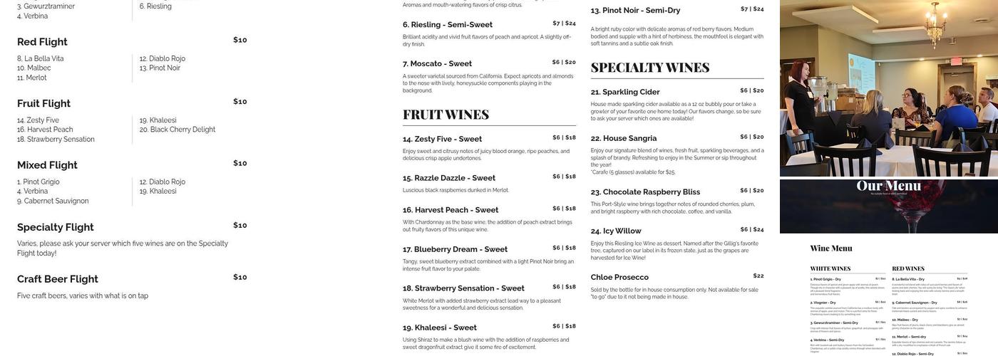 Gillig Winery Menu