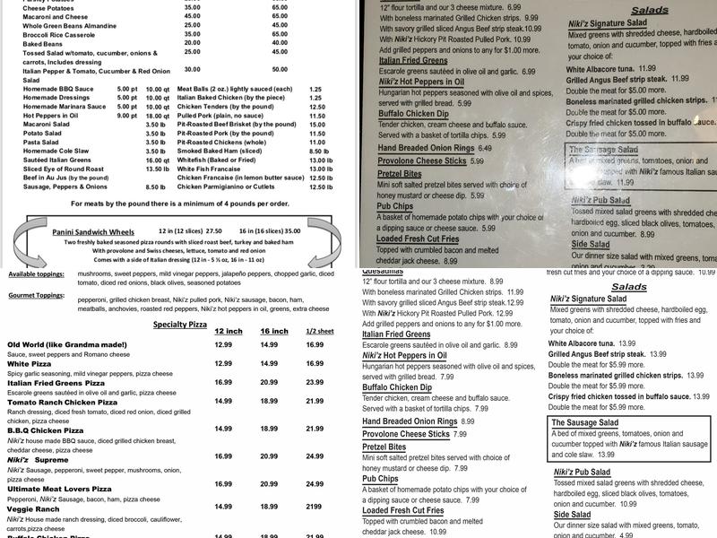 Niki'z Pub Menu