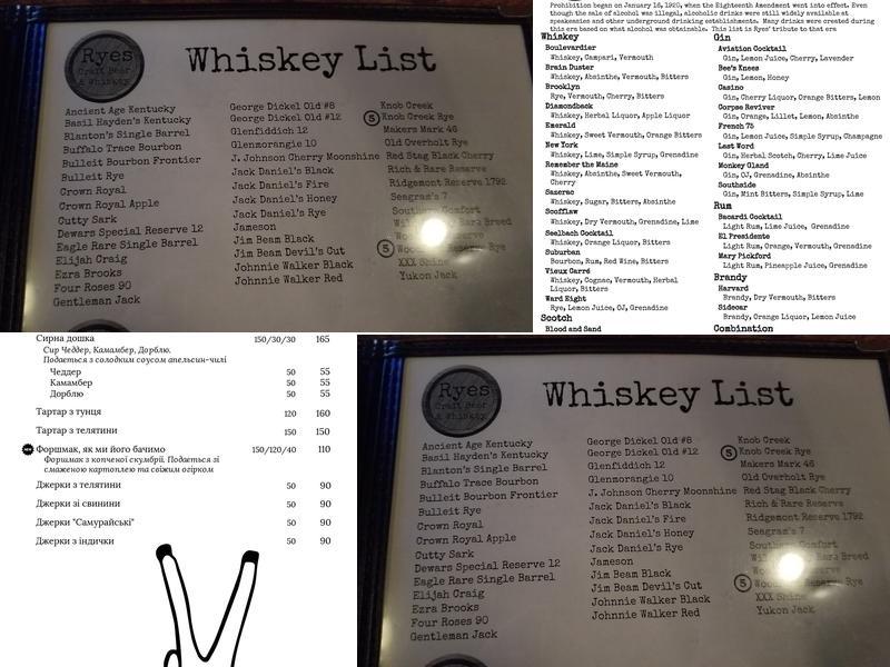 Ryes Craft Beer & Whiskey Menu