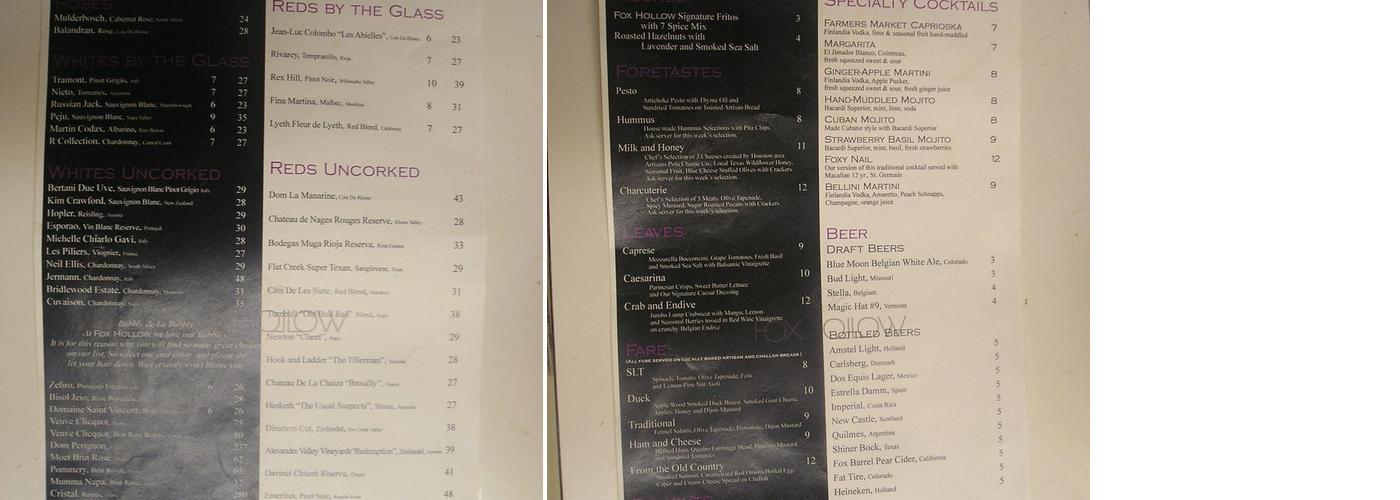 Fox Hollow Menu