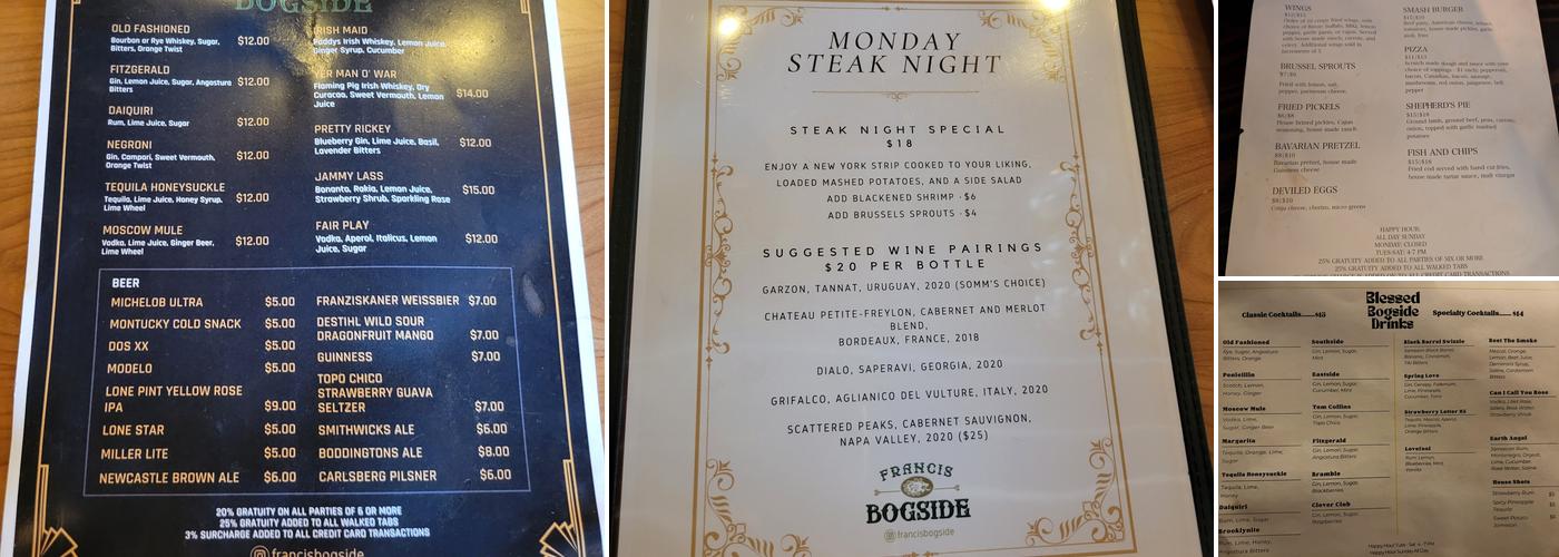 Francis Bogside Menu