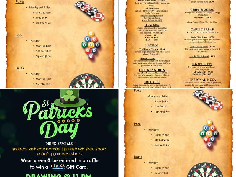 CLICKS Billiards - Billiards, Games, Sports, Bar & Grill Menu