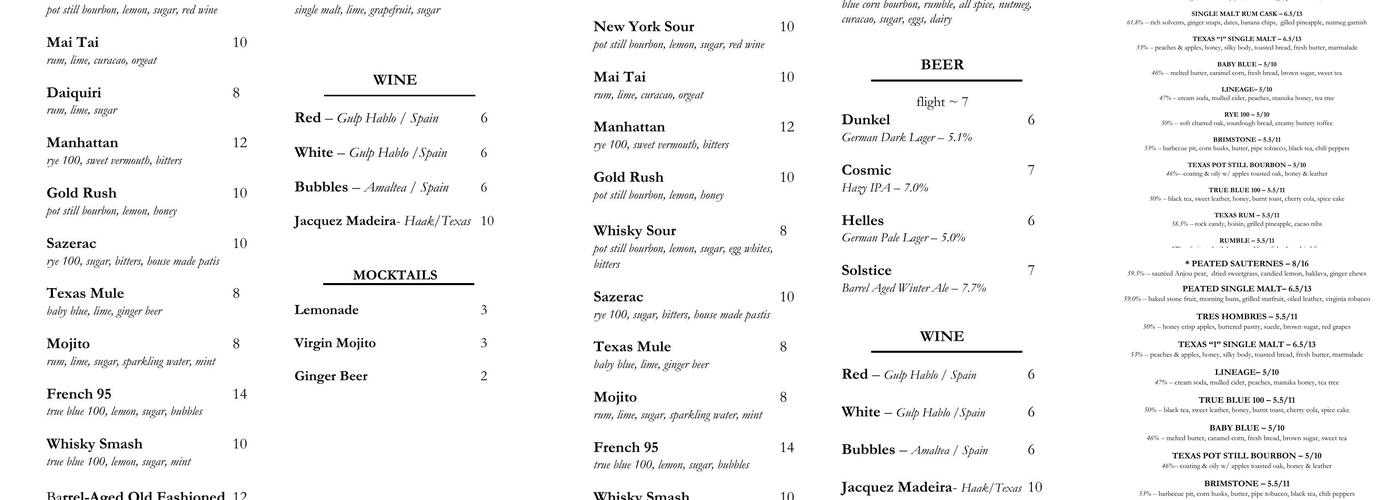 Balcones Distilling Menu