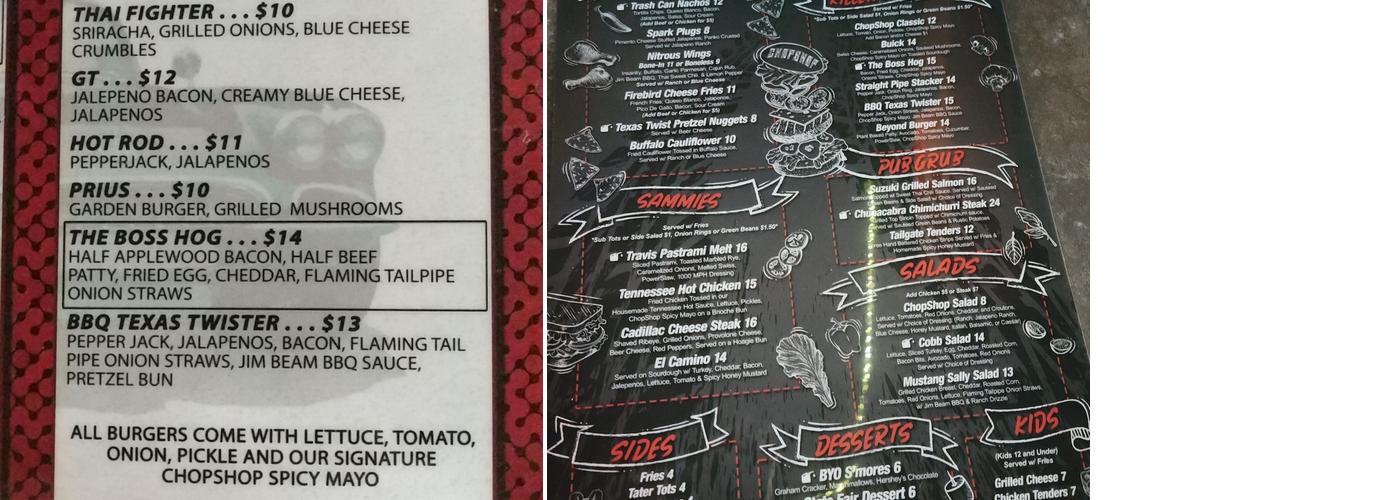 Carrollton Chopshop Sports Garage Menu