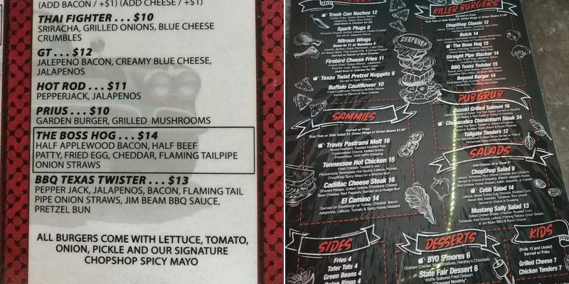 Carrollton Chopshop Sports Garage Menu