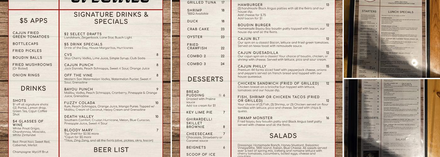 Crazy Cajun Beaumont Menu