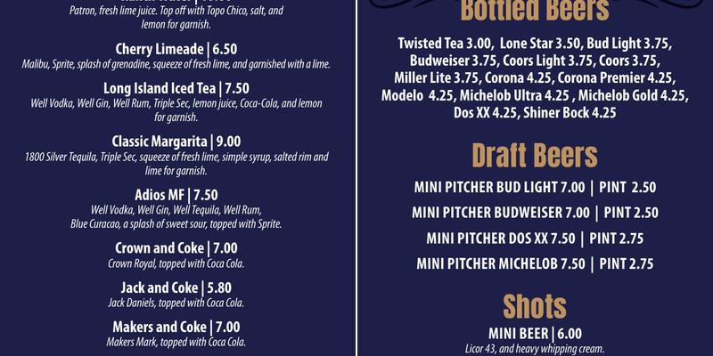 Star Lite Saloon Menu