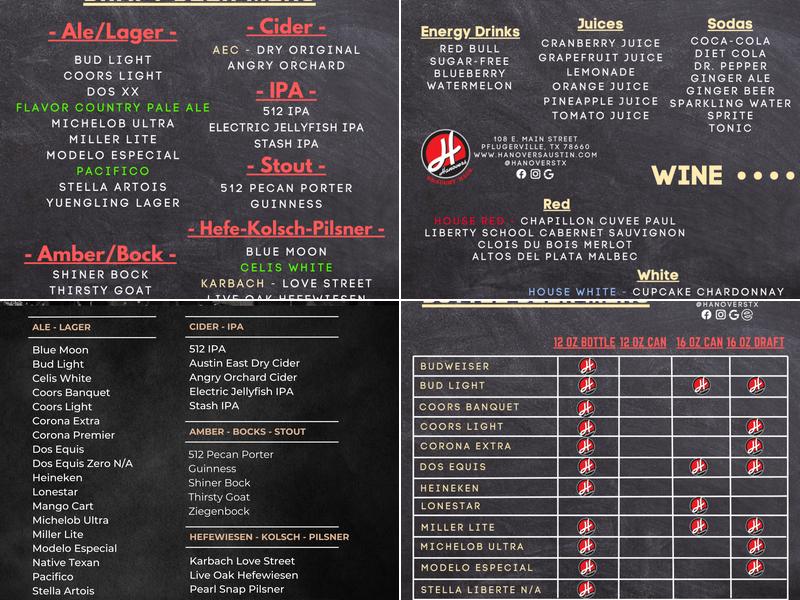 Hanovers Draught Haus Menu