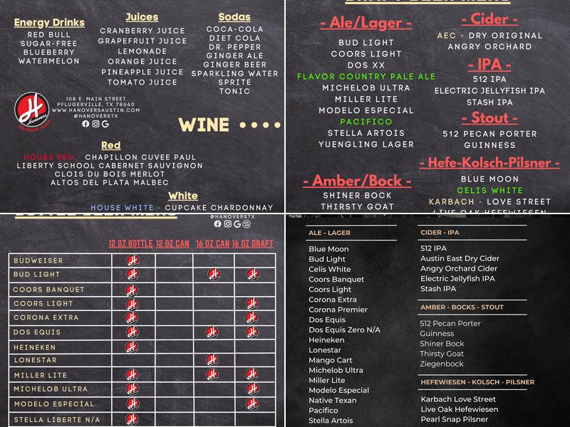 Hanovers Draught Haus Menu