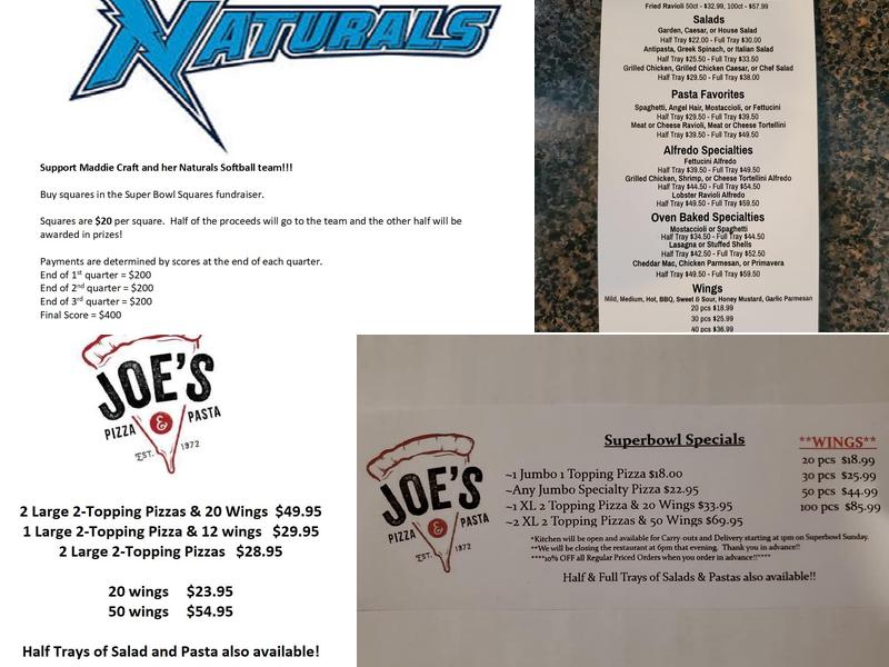 Joe's pizza and pasta Menu