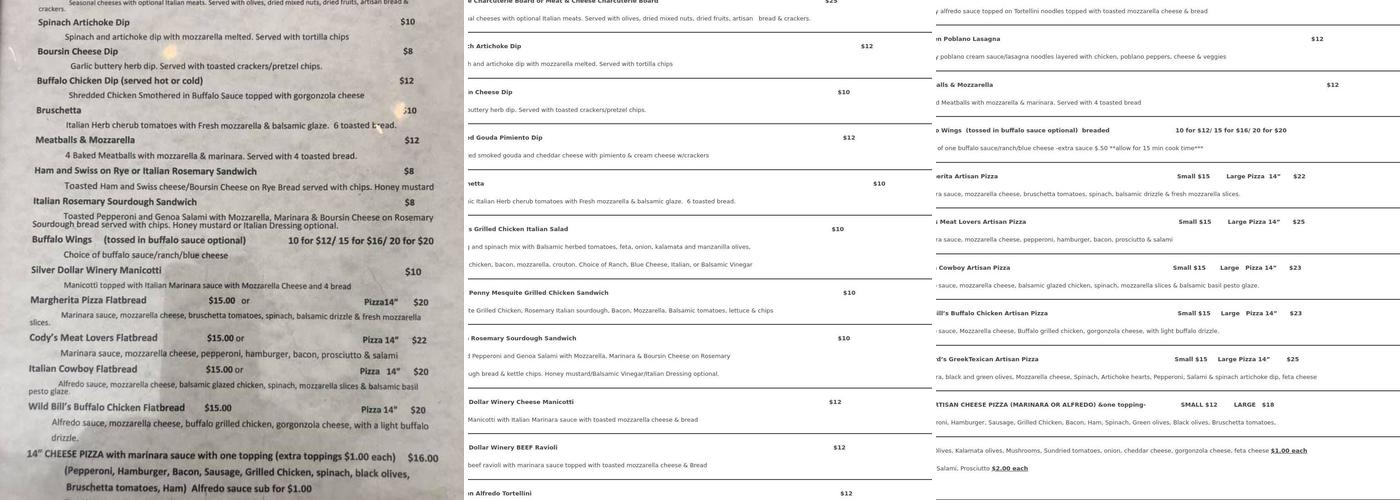 Silver Dollar Winery Menu