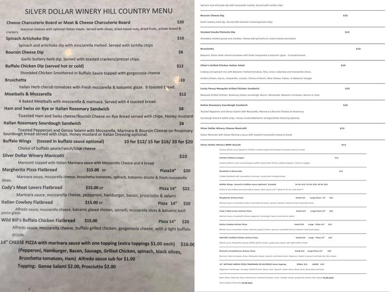 Silver Dollar Winery Menu