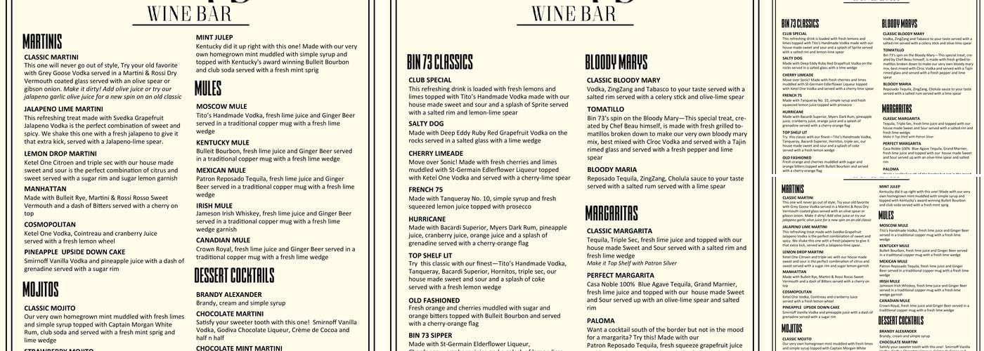 Bin 73 Menu