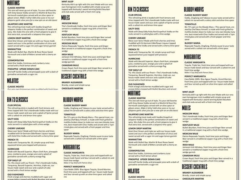 Bin 73 Menu