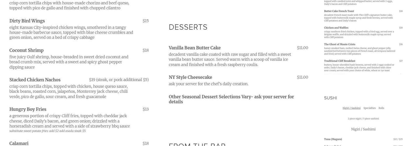 The Cliff Dining Pub Menu
