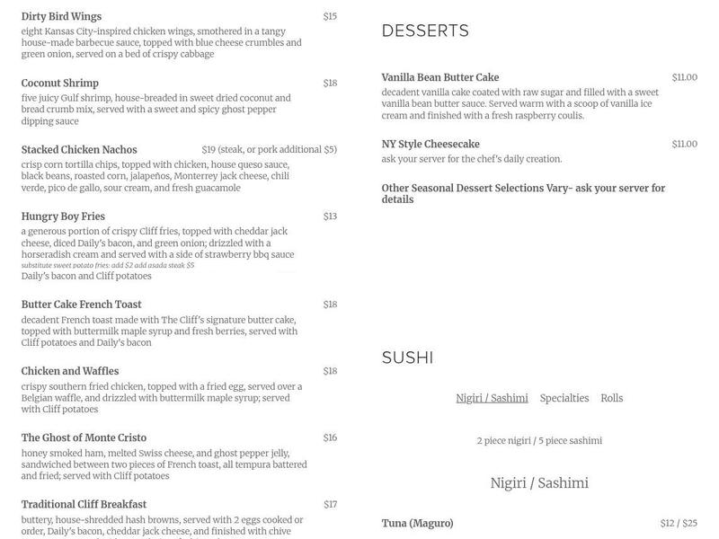 The Cliff Dining Pub Menu