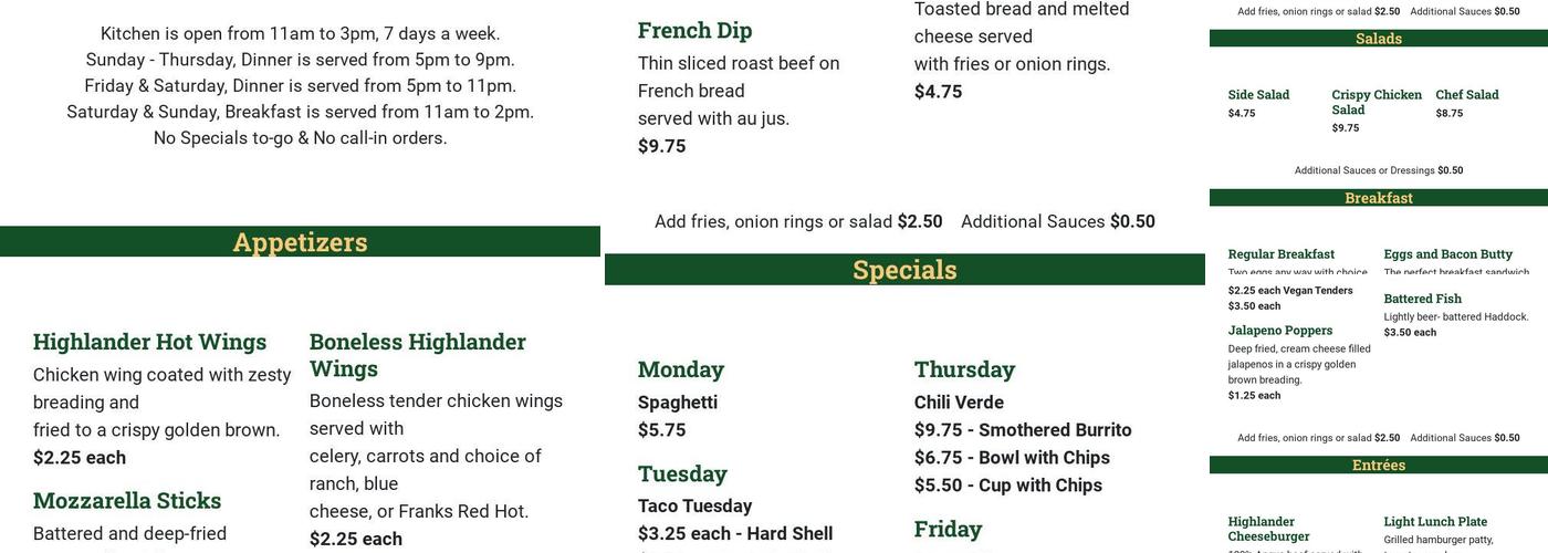 Highlander Pub Menu