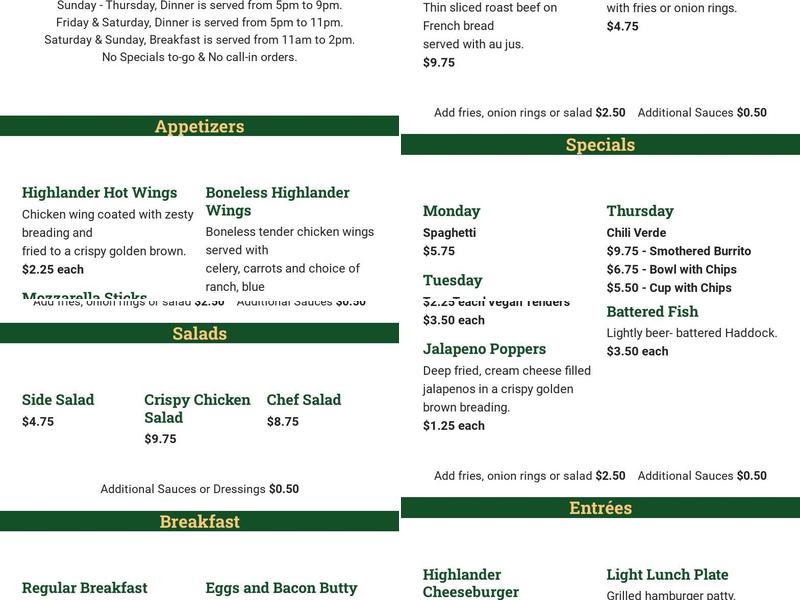 Highlander Pub Menu