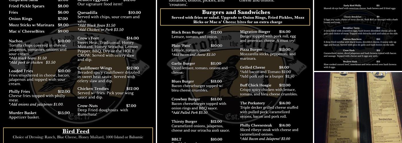 Crow and the Pitcher Menu