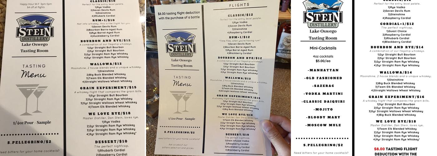 Stein Distillery Lake Oswego Tasting Room Menu