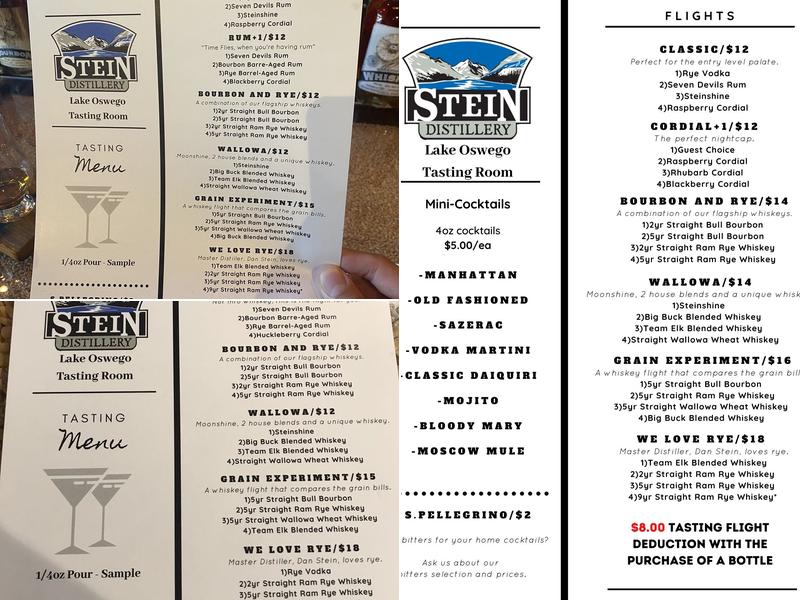 Stein Distillery Lake Oswego Tasting Room Menu