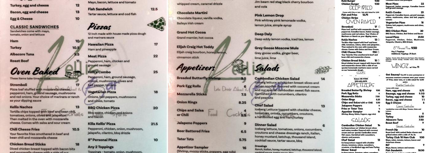 Kelli's Bar Menu