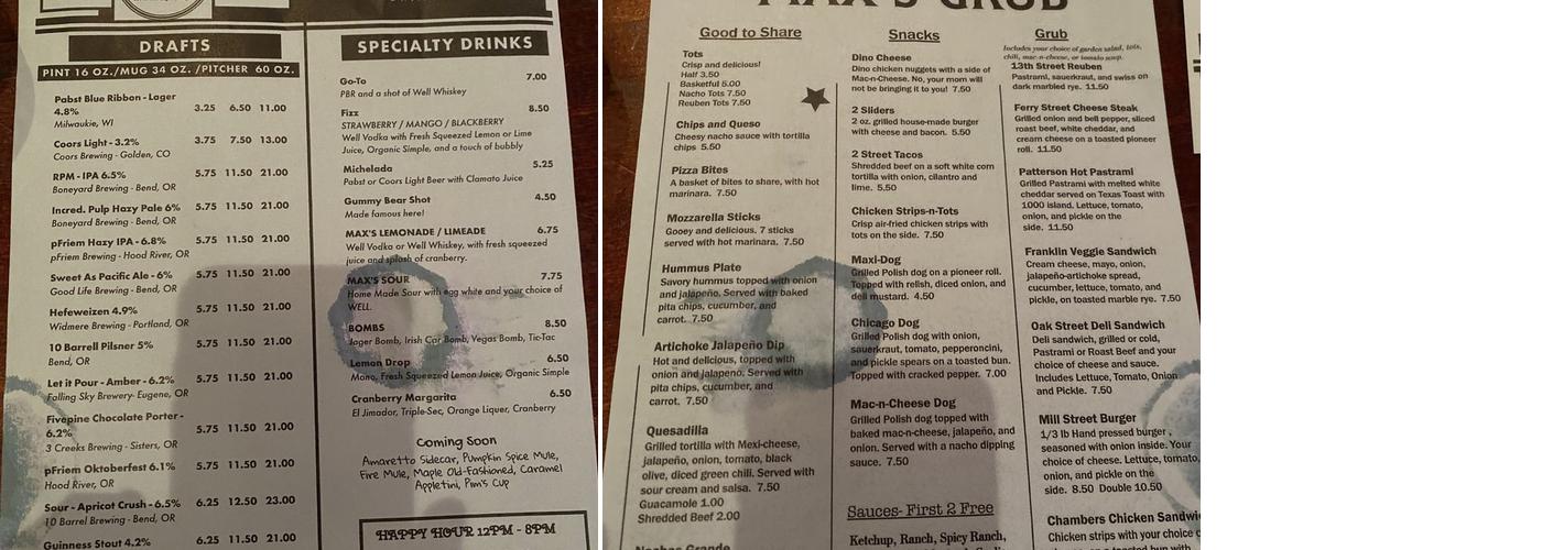 Max's Tavern Menu