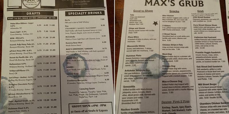 Max's Tavern Menu