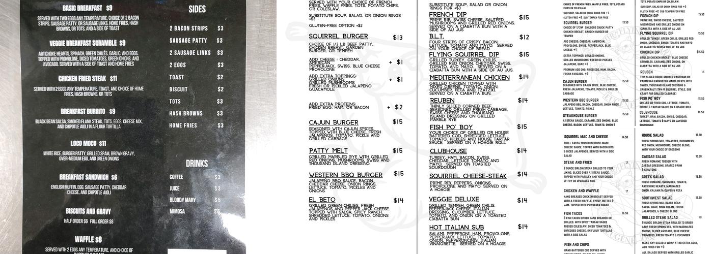 The Flying Squirrel Tavern Menu