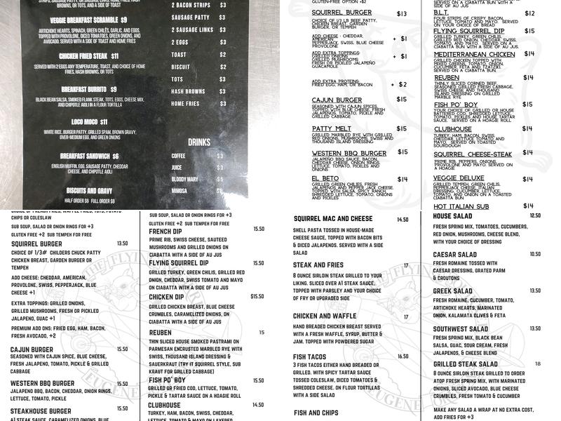 The Flying Squirrel Tavern Menu