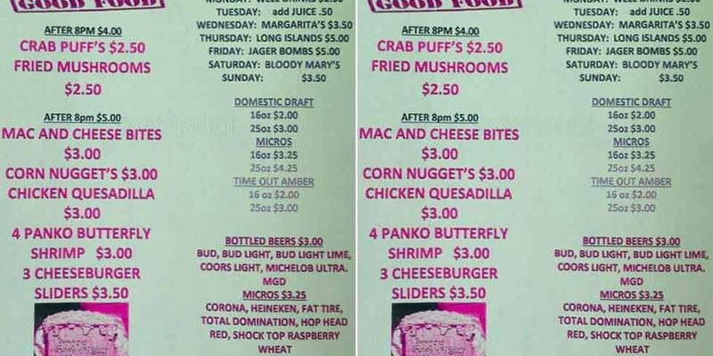 Time Out Pub Menu