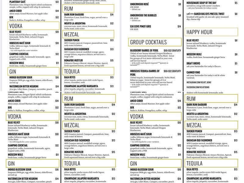 Velvet Lounge Menu