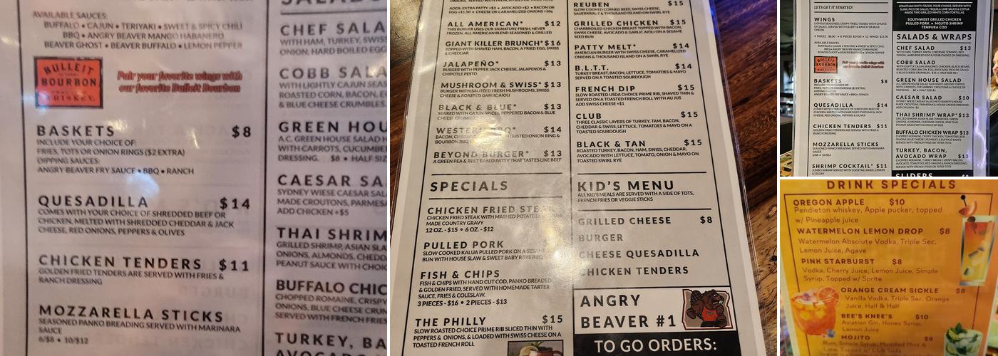 The Angry Beaver Bar & Grill Menu