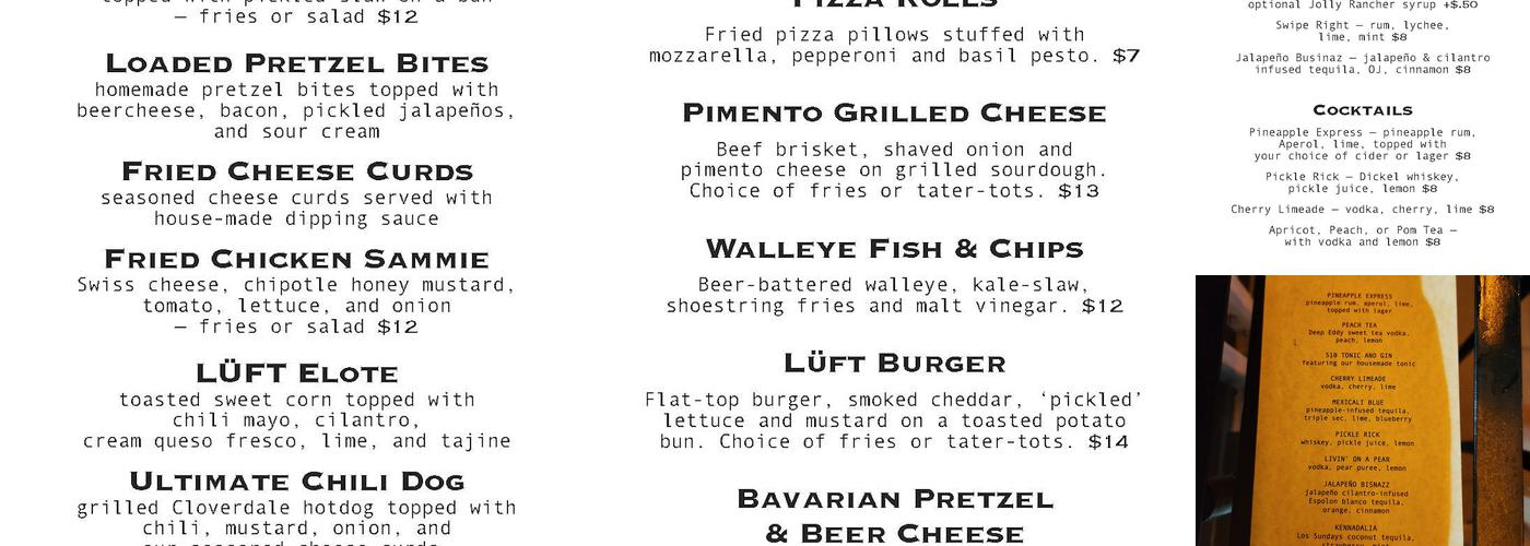 LÜFT Rooftop Bar Menu