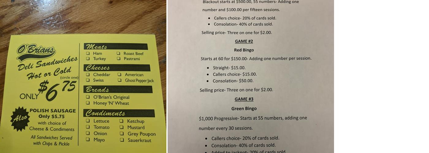 O'Brian's Sports Tavern Menu