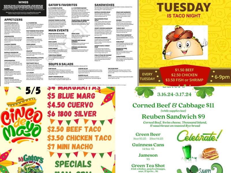 AJ Gator's Sports Bar & Grill Menu
