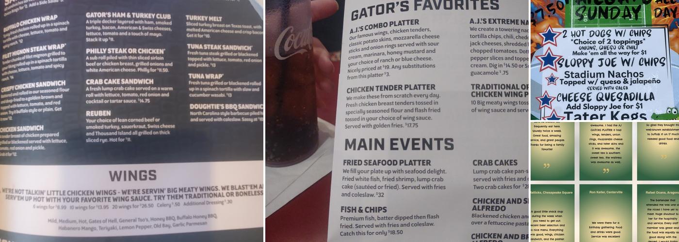 AJ Gators Sports Bar Menu