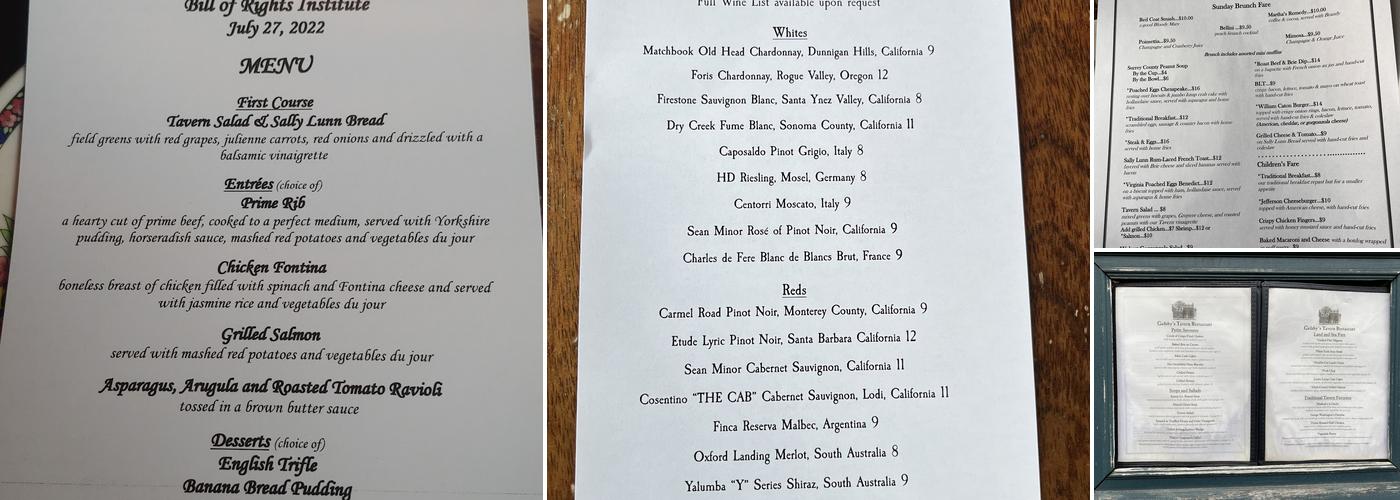 Gadsby's Tavern Menu