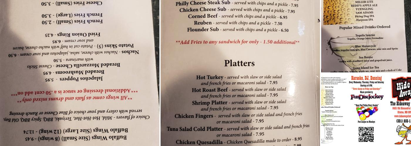 Hideaway Clinton Menu